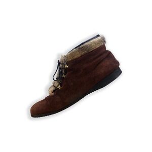 Vintage Suede Booties - Shearling Lined - Faux Fur Trim Shoes - Size 6.5